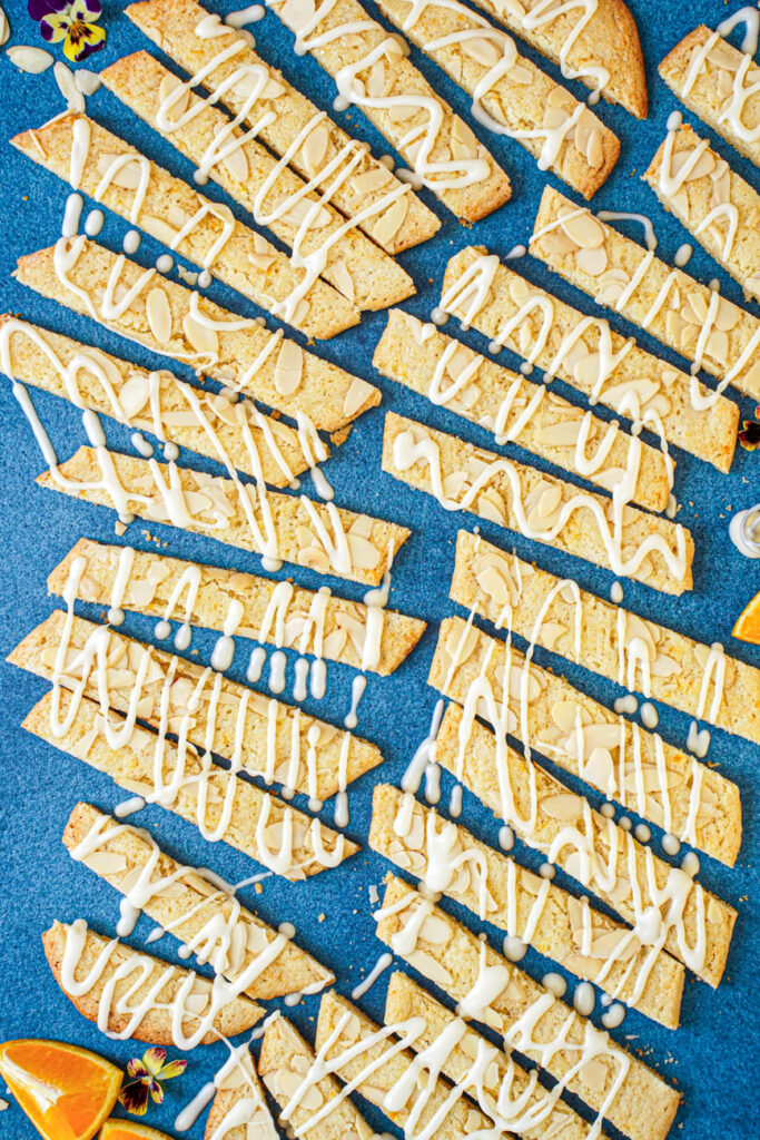 Aerial view of Orange Almond Cookie Bars drizzled with icing.