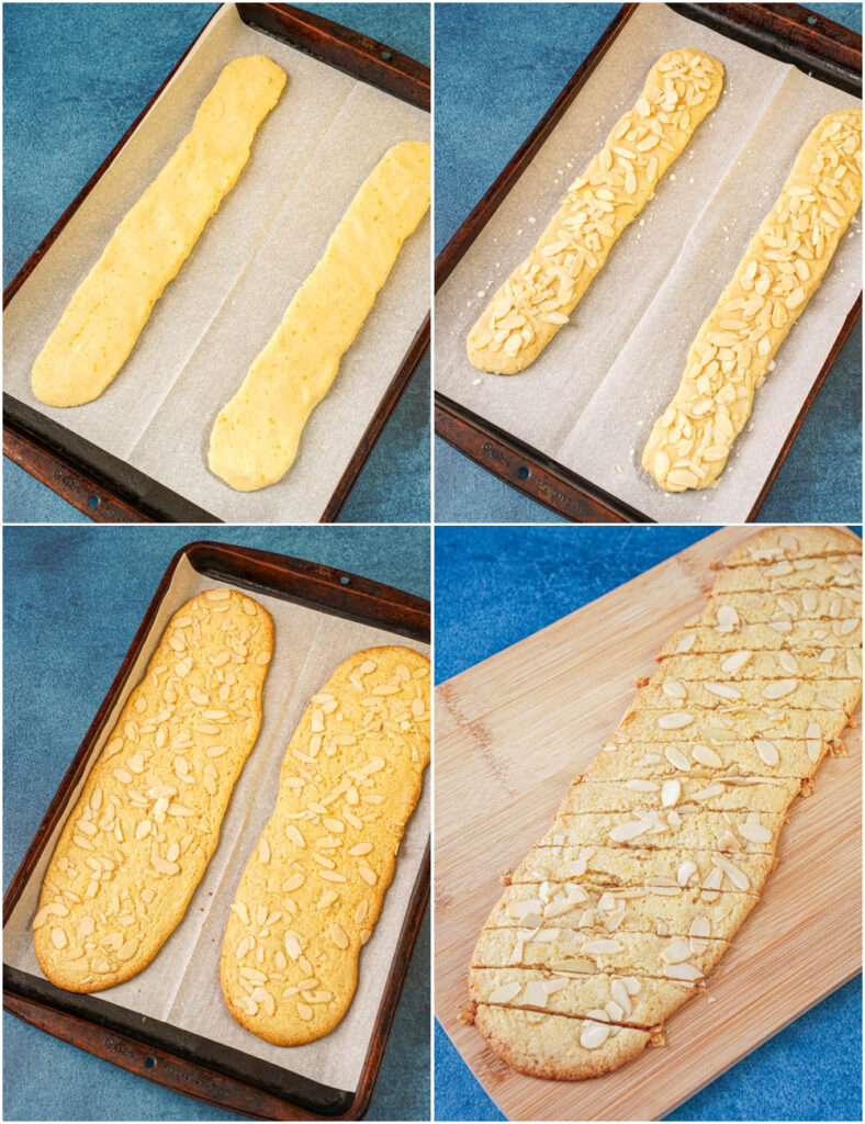 Four photo collage of dough flattened into two ropes on a baking sheet, dough covered with almonds, baked cookie sheets, and cookie cut into bars.