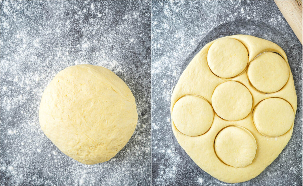 Two photo collage of ball of dough and circles cut out of dough.