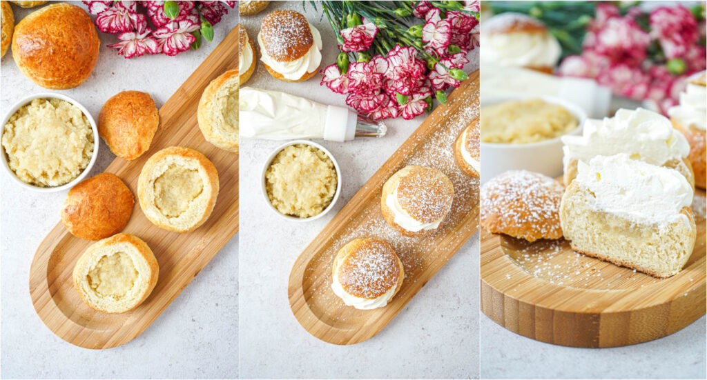 Three photo collage of filling Semlor (Swedish Cream Buns) with almond paste, topped with cream, and cut in half to show filling.