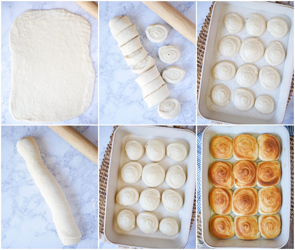 Rolling out the Pani Popo (Samoan Sweet Coconut Buns) dough, cutting into buns, arranging in the pan, and baking until golden.