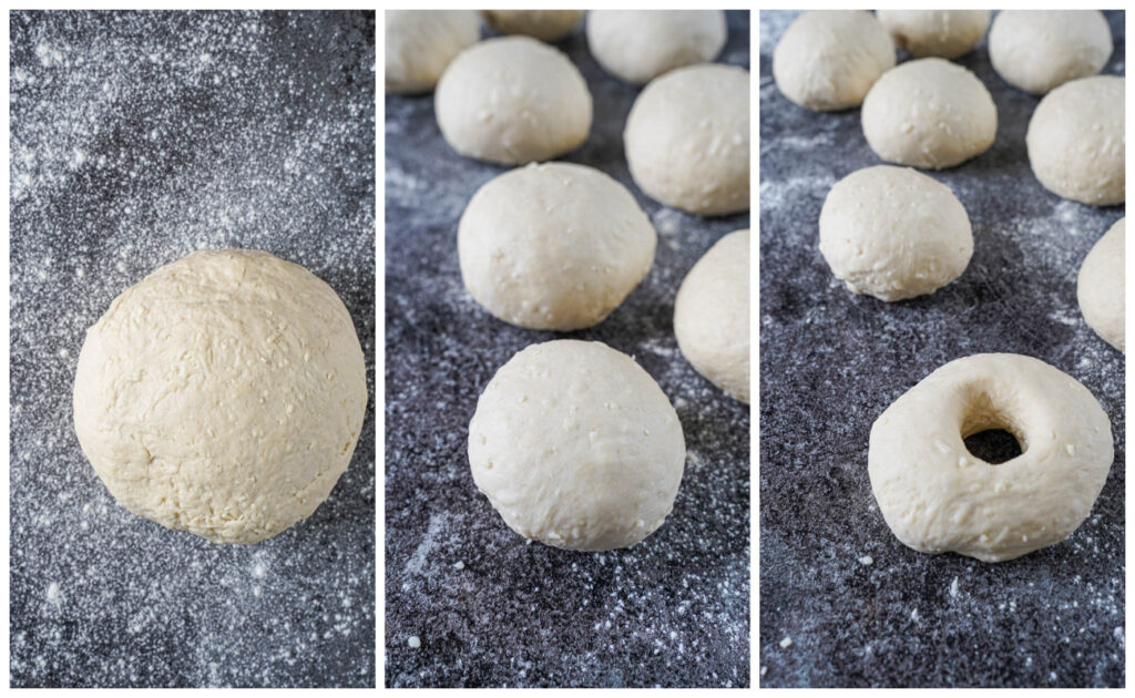 Three photo collage of ball of dough, dough divided into smaller rounds, and a dough round with a 1 inch (2.5 centimeter) hole in center.