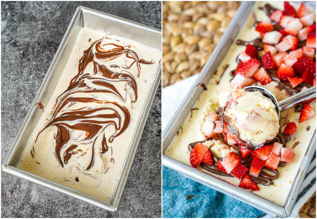 Two photo collage of swirling chocolate hazelnut spread into ice cream and scooping out ice cream from the loaf pan.