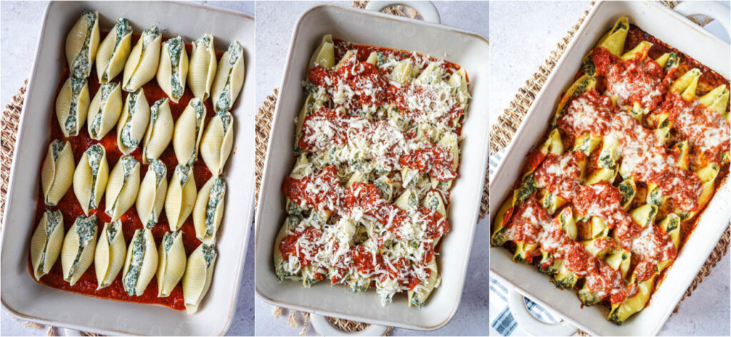 Three photo collage of Kale and Ricotta Stuffed Shells in a baking dish, covered with sauce and cheese, and after baking in the oven with the cheese melted.