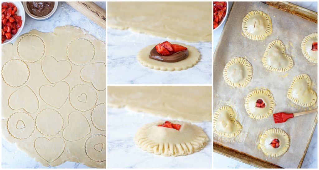 Four photo collage showing assembly of Strawberry Nutella Hand Pies- cutting out circles and filling.