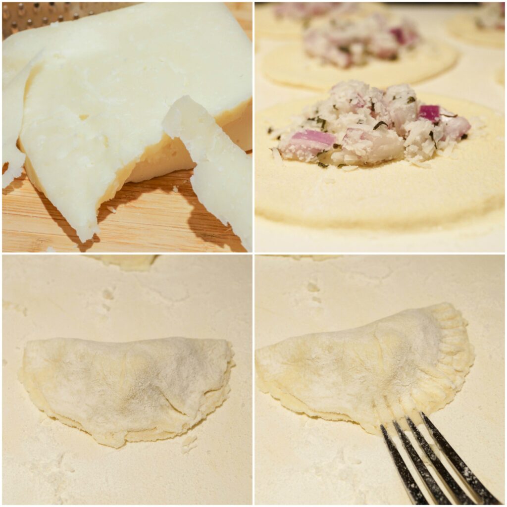 Four photo collage of filling Kremmydopitarakia Milou  (Greek Onion, Mint, and Cheese Crescents) with filling and folding over to seal.