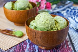 Green Tea Ice Cream in two wooden bowls.