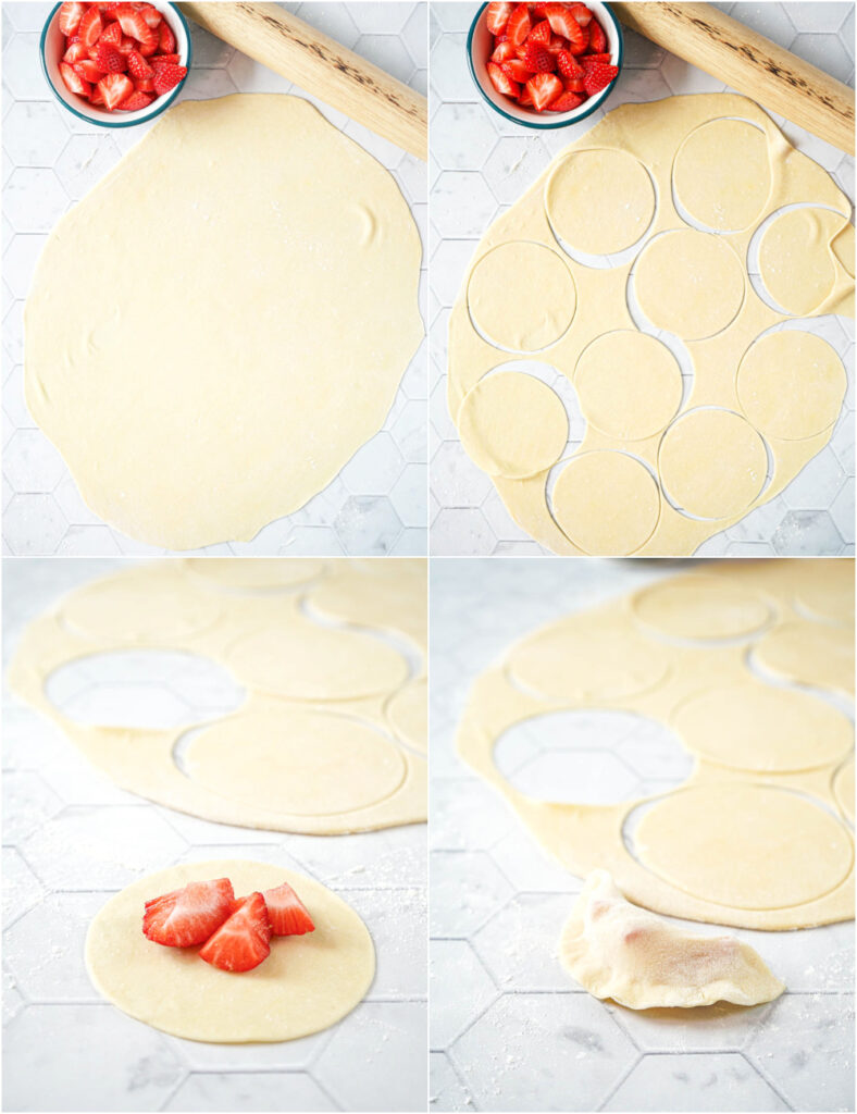 Four photo collage of rolling out dough, cutting out circles, and filling with strawberries to make Pierogi z Truskawkami (Polish Strawberry Pierogi).