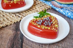Gelo di Melone (Sicilian Watermelon Pudding) formed into hearts.