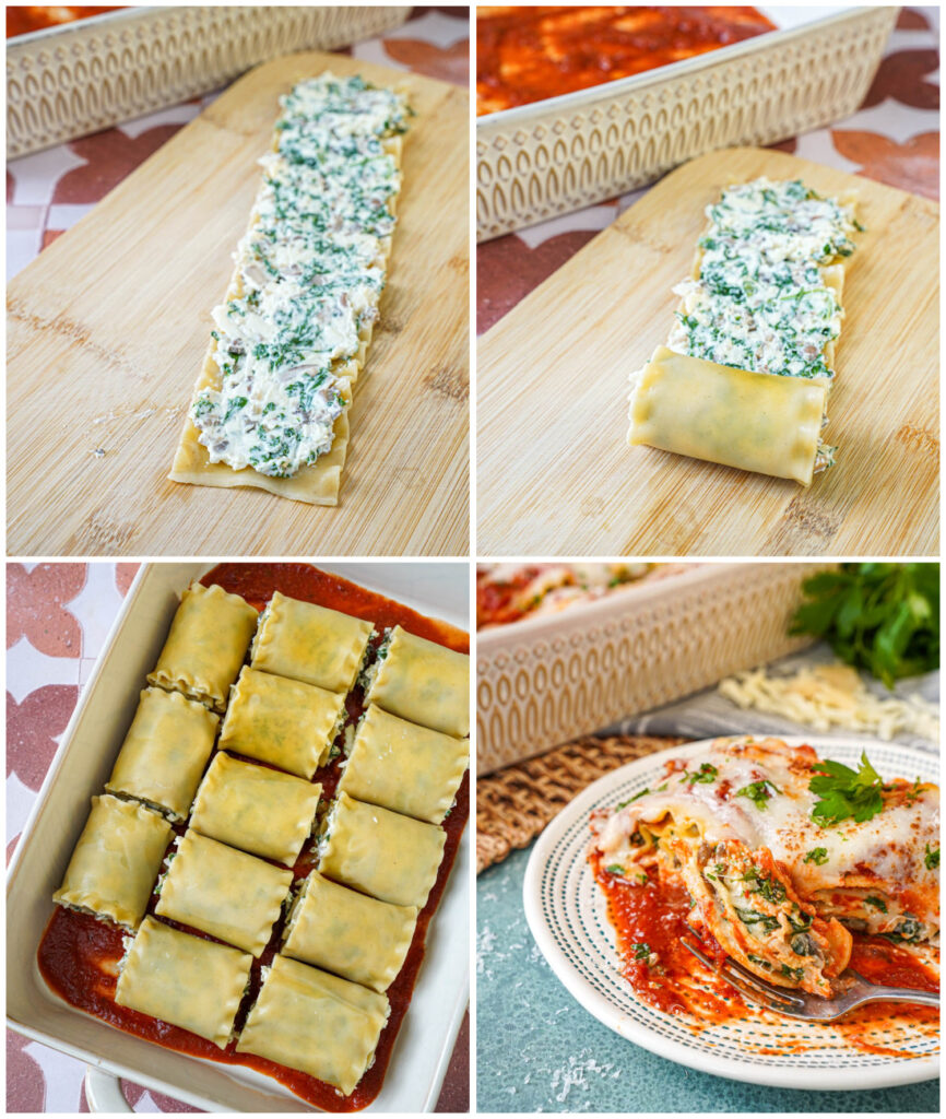 Four photo collage of cheese filling spread over lasagna noodle, rolling up the noodle, rolled noodles arranged in pan, and a piece of the roll on a fork on a plate.