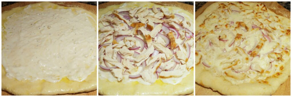 Three photo collage of topping pizza dough with white sauce, then chicken and onions, and baked until golden.