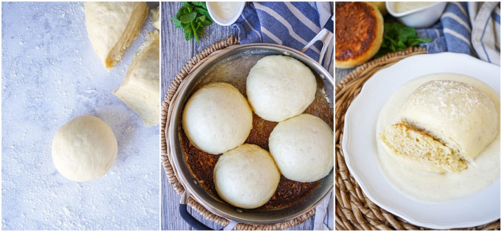 Three photo collage of dough for Dampfnudeln (German Steamed Dumplings), arranged in a pan, and on a plate with a piece cut to show texture of bread.