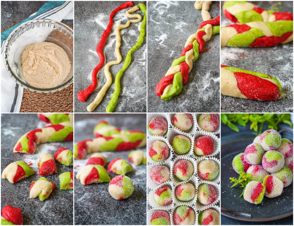 Eight photo collage of almond dough, strips of dough, braiding the strips, formed red green and white rope, cutting the rope into pieces, rolling a piece into a ball, almond rounds in white liners, and a stack of Kaber Ellouz with one cut in half.