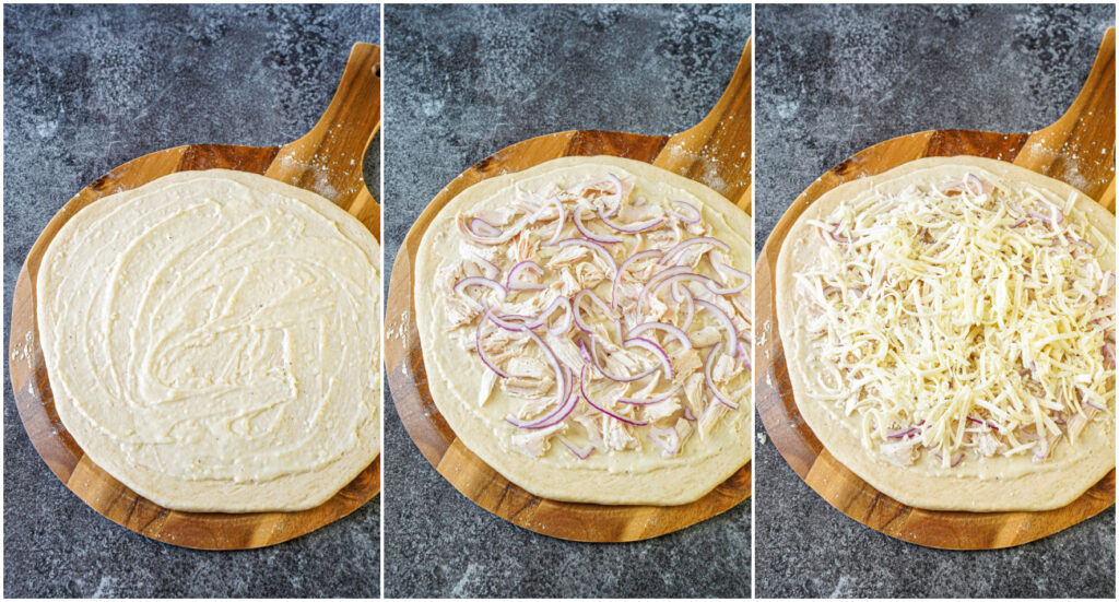 Three photo collage of pizza dough topped with garlic sauce, chicken and onions, and cheese.