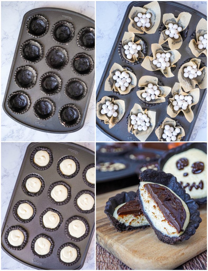 Four photo collage of Cheesecake Tartlets with Chocolate Ganache in pan with crust, pie weights, and filling.