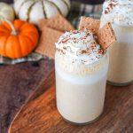 Pumpkin Cheesecake Smoothie in two glasses with whipped cream and graham crackers.