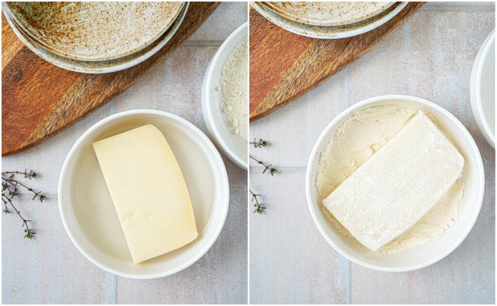 Two photo collage of slice of Kefalotyri cheese in water and coated in flour.