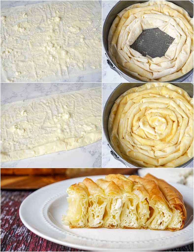 Photo collage assembly the Banitsa- spreading filling, rolling up and coiling in pan, and slice with cheese showing.