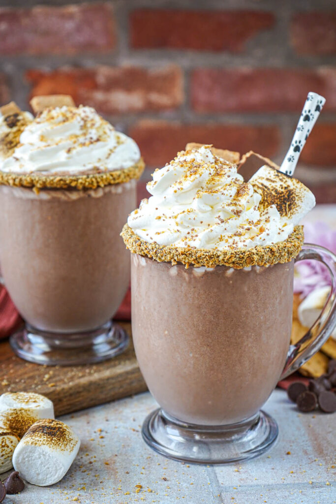 Side view of S'mores Milkshake in two glasses with whipped cream, toasted marshmallows, graham crackers, chocolate pieces, and a paw print straw.