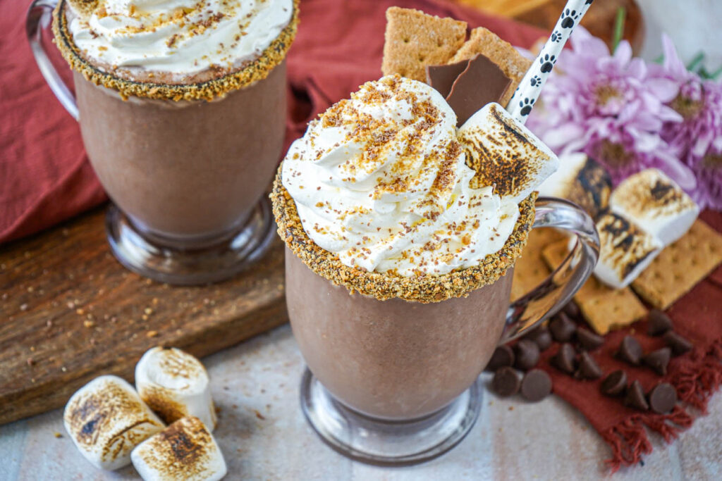 S'mores Milkshake in two glasses next to purple flowers, toasted marshmallows, chocolate chips, and graham crackers.