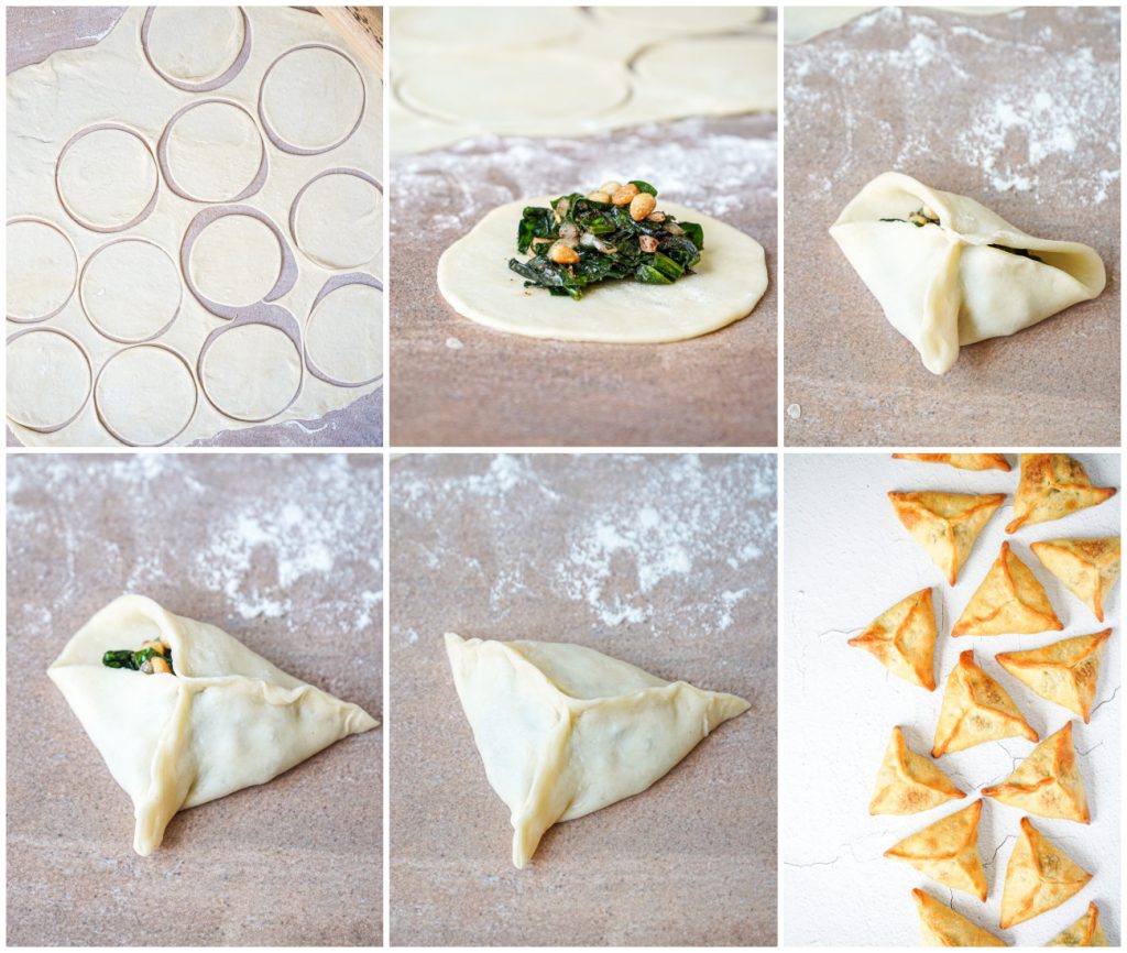 Cutting out circles of dough, filling with spinach, and assembling Fatayer bi Sabanekh (Lebanese Spinach Pies).