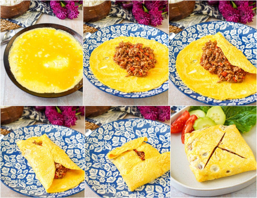 Six photo collage of egg omelette in a pan, omelette on a plate with pork mixture in the center, folding the sides of the egg over the filling, and the folded omelette on a plate with an 'X' cut across the top.