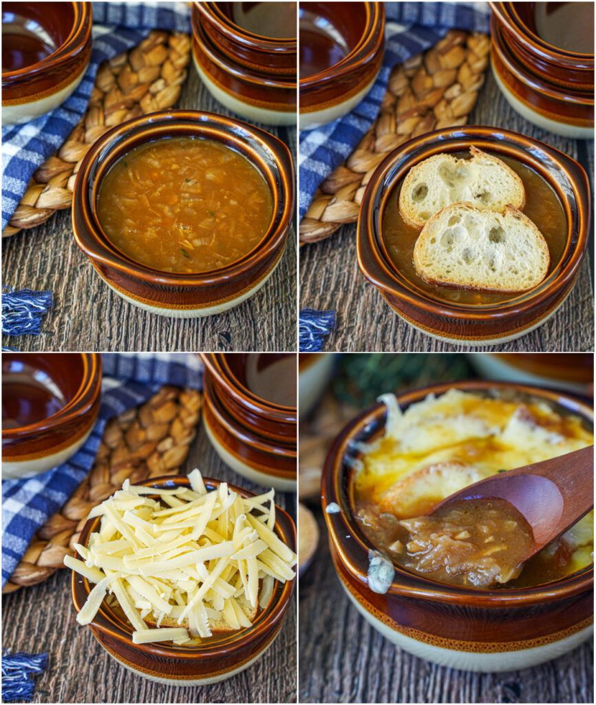 Four photo collage of onion soup in a bowl, two baguette slices over soup, soup covered in cheese, and onion soup in a wooden spoon.