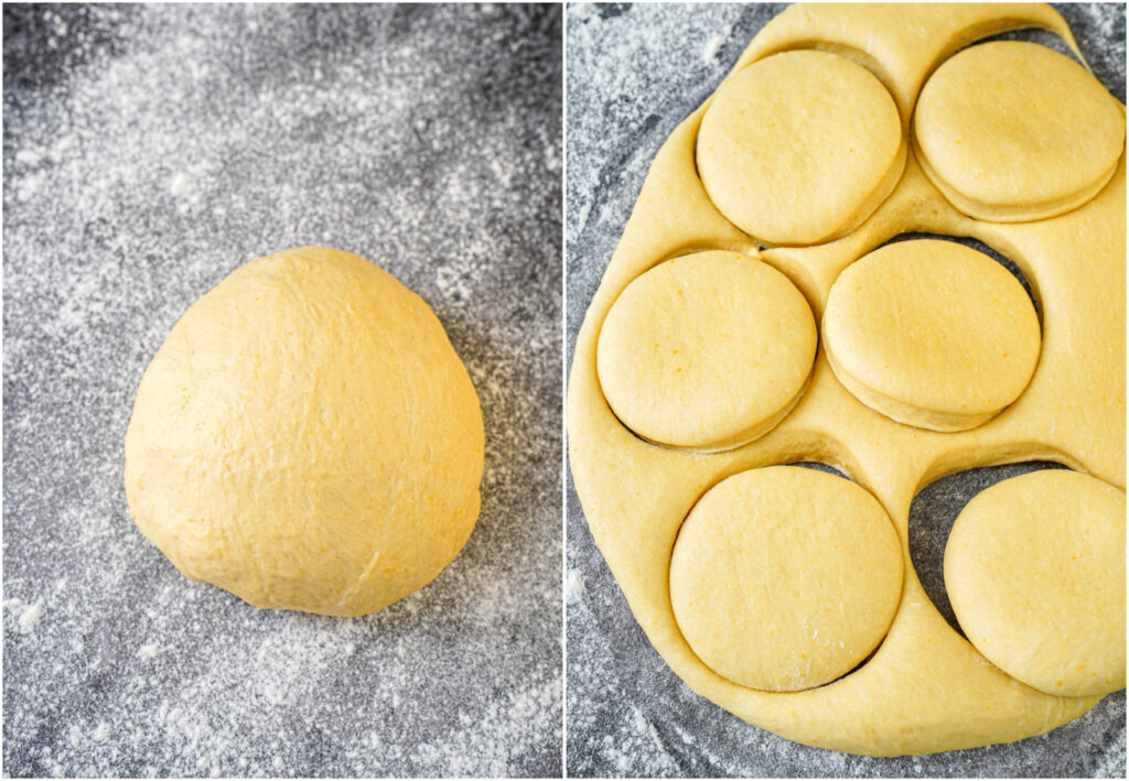 Two photo collage of a ball of dough and dough cut into round doughnuts.