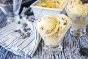 Irish Cream Chocolate Chip Ice Cream in two clear glasses.