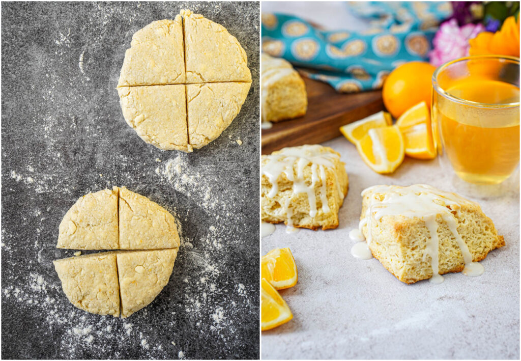 Two photo collage of scone dough in two discs with each cut into four wedges and Meyer Lemon Scones next to a glass of tea.