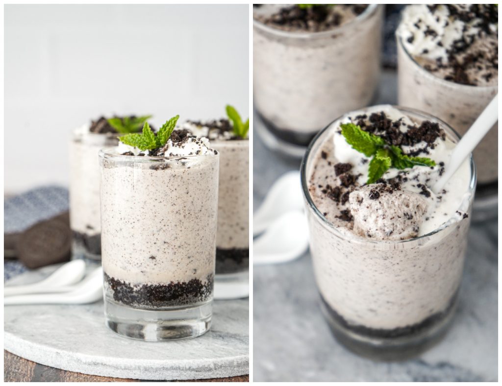 Cookies and Cream Mousse in three glasses with a spoon in the mousse on the right.