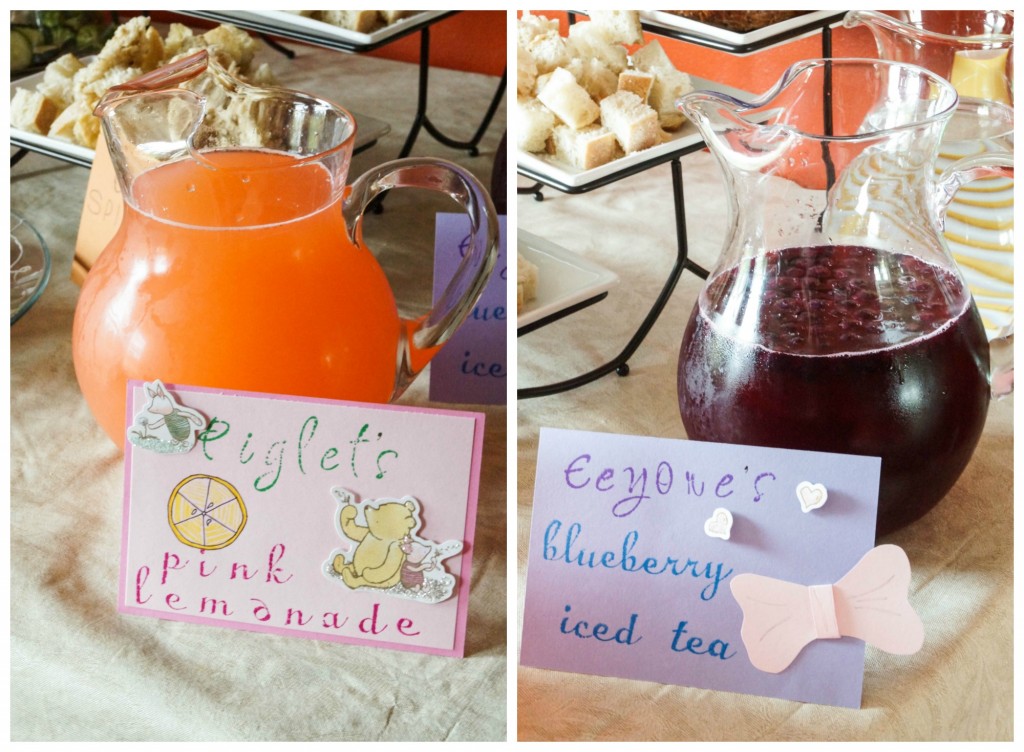 Two photo collage- pitchers of Piglet's Pink Lemonade and Eeyore's Blueberry Iced Tea.