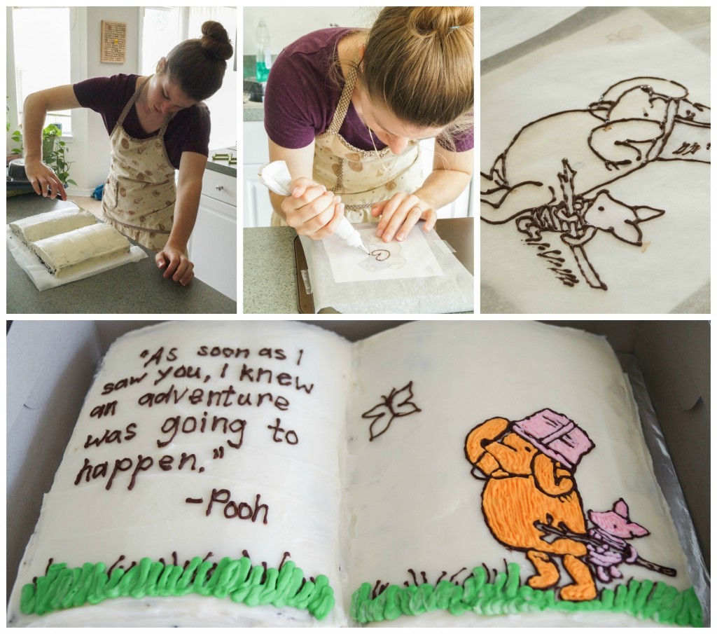 Four photo collage of woman decorating a book-shaped Winnie the Pooh cake.