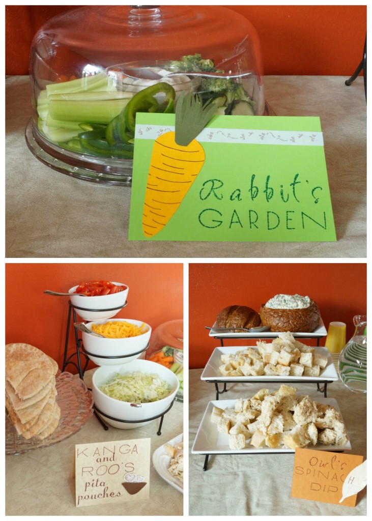 Three Photo Collage- Rabbit's Garden sign, Kanga and Roo's Pita Pouches, and Owl's Spinach Dip.