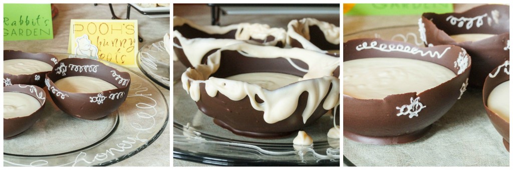 Three photo collage of chocolate bowls filled with Honey White Chocolate Mousse.