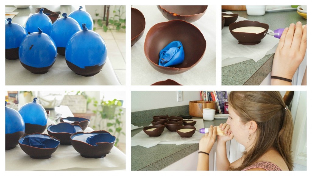 Five photo collage of balloons shaping chocolate into bowls, then filling with Honey White Chocolate Mousse.