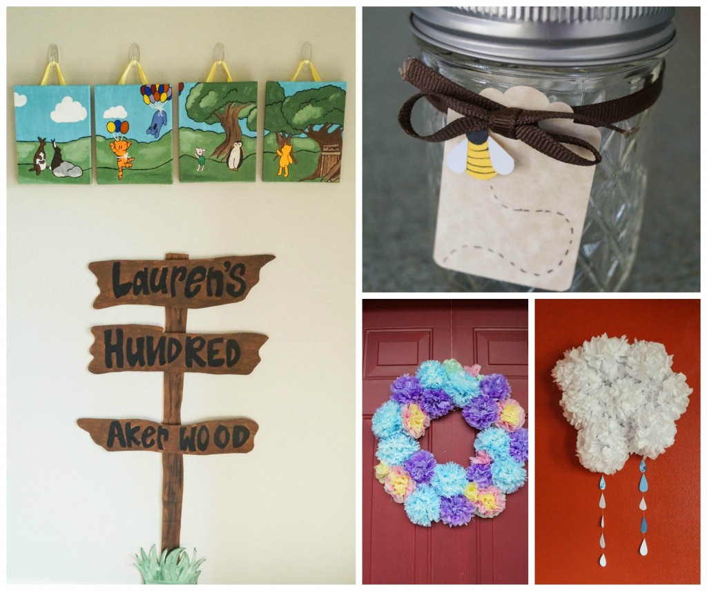 Four photo collage with Hundred Akerwood sign, jars with bee tags, and two wreaths.