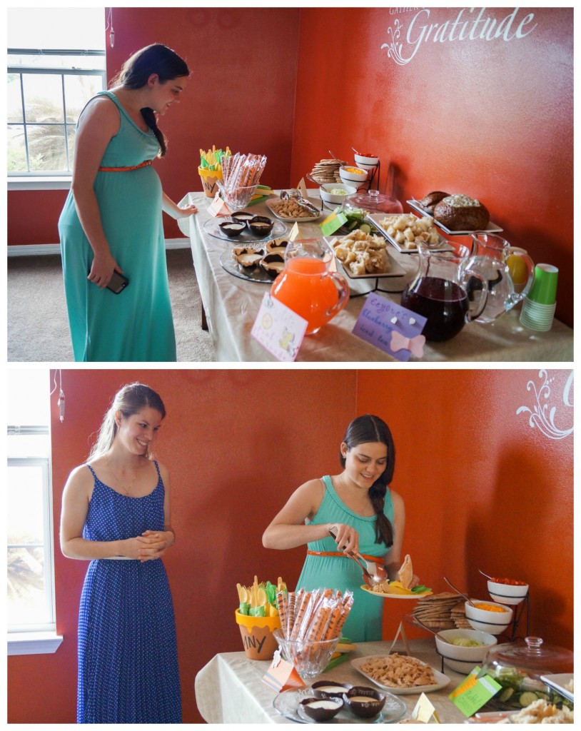 Two photo collage- two women arranging a plate in front of food table.