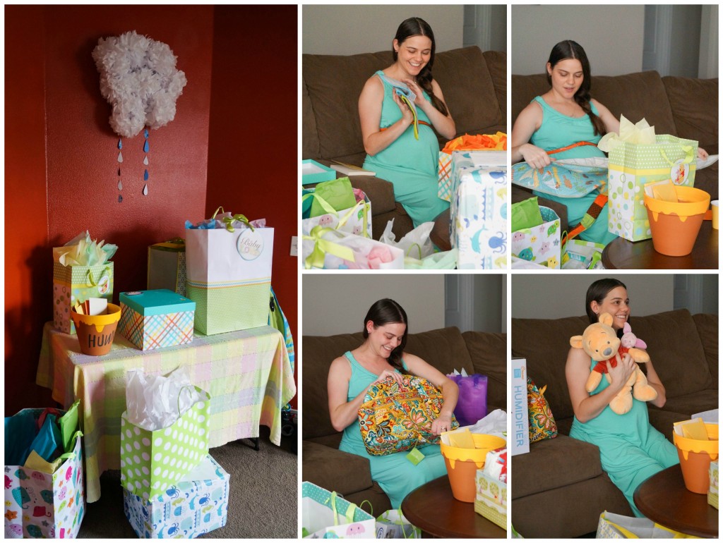 Woman opening presents at Winnie the Pooh baby shower.