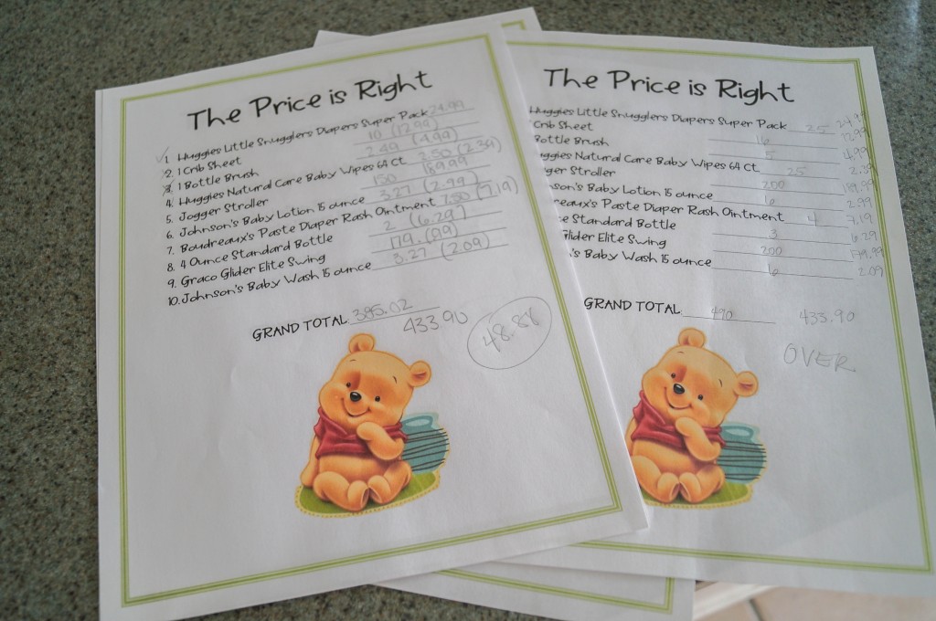 Stack of papers for Winnie the Pooh Game- The Price is Right.