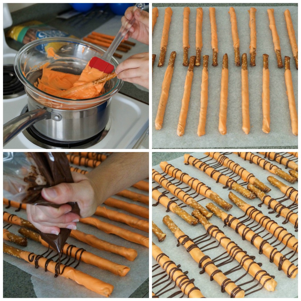 Four photo collage- melting orange candy melts, dipping pretzel rods, and drizzling chocolate to make Tigger Tails.