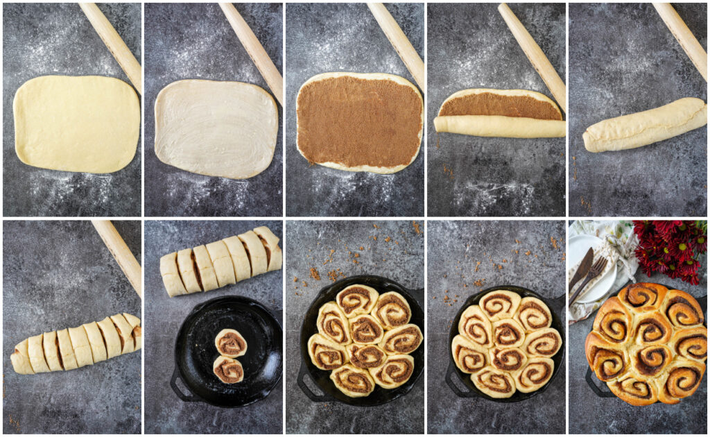 Ten photo collage of rolled out dough, dough covered in butter, dough covered in cinnamon sugar, rolling up dough, dough cut into 9 rolls, arranging rolls in skillet, and baked rolls.