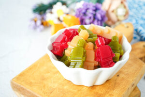 Lego Fruit Gummies piled in a white bowl.