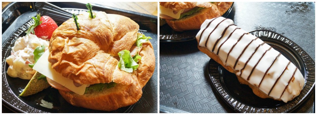 Croissant sandwich and vanilla eclair at Croissant Moon Bakery.