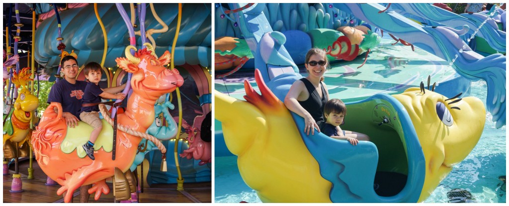Sitting on carousel and yellow fish ride at Seuss Landing.