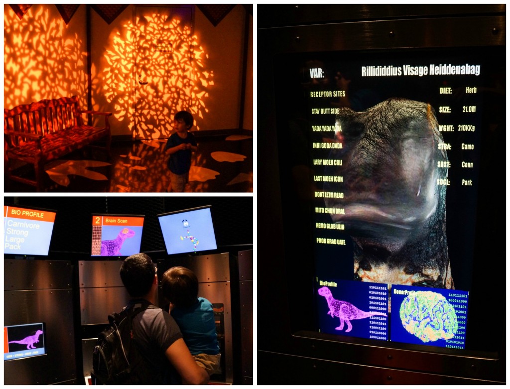 Exhibits and computer screens with dinosaurs at the Jurassic Park Discovery Center.