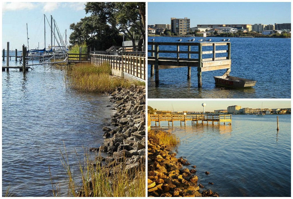 Three photo collage with views of the water and docks at The Landing.
