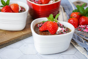 Dark Chocolate Crème Brûlée in three heart-shaped ramekins.