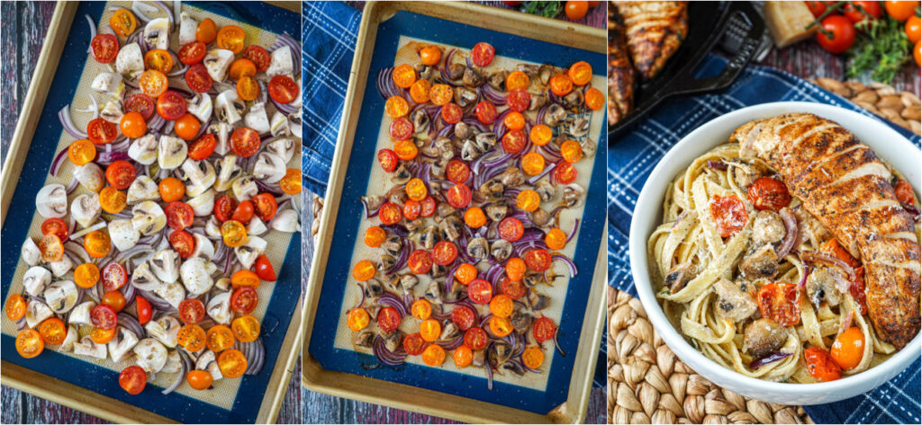 Three photo collage of vegetables on a pan, roasted vegetables, and Fettuccine with Mushroom Cream Sauce in a bowl.