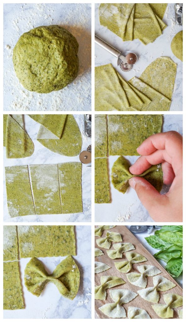 Six photo collage- rolling out the basil dough and arranging into individual butterflies.